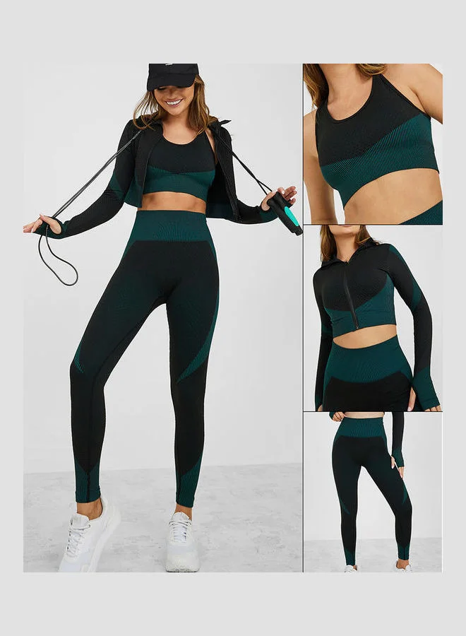 Styli Pack of 3 - Colorblock Racerback Sports Bra, Zip Up Jacket & Active Leggings Set