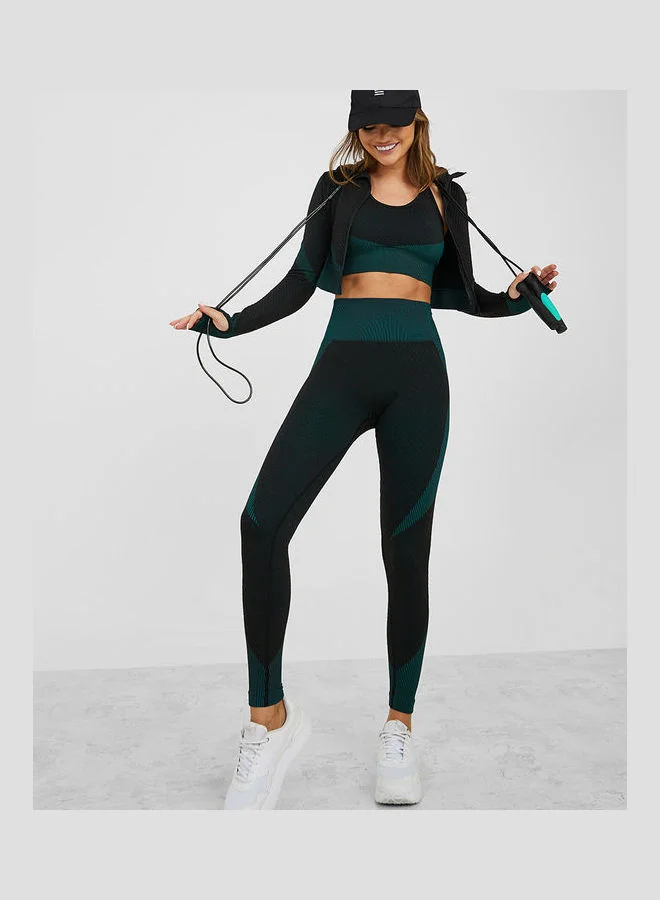 Styli Pack of 3 - Colorblock Racerback Sports Bra, Zip Up Jacket & Active Leggings Set