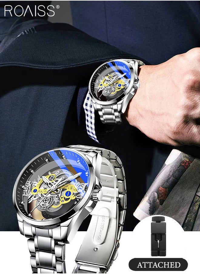 roaiss Men's Alloy Strap Quartz Watch Analog Display Round Transparent Hollow Dial Imitating Mechanical Watch Design Waterproof Luminous Wristwatch as Gift for Men  - Image 1