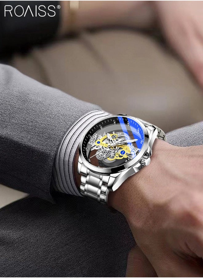 roaiss Men's Alloy Strap Quartz Watch Analog Display Round Transparent Hollow Dial Imitating Mechanical Watch Design Waterproof Luminous Wristwatch as Gift for Men  - Image 2
