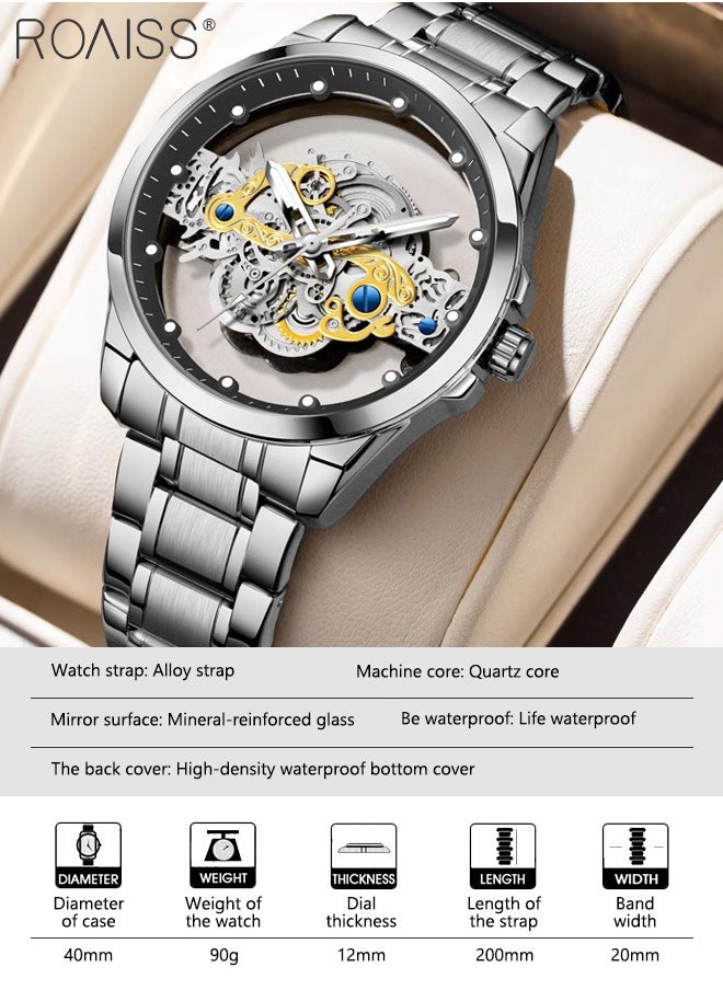 roaiss Men's Alloy Strap Quartz Watch Analog Display Round Transparent Hollow Dial Imitating Mechanical Watch Design Waterproof Luminous Wristwatch as Gift for Men  - Image 3