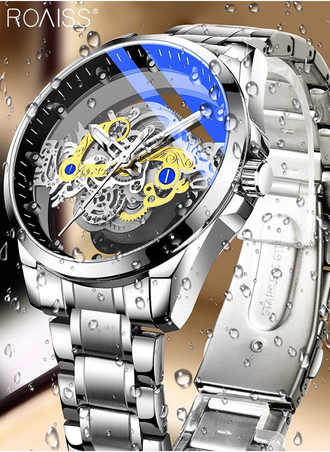 roaiss Men's Alloy Strap Quartz Watch Analog Display Round Transparent Hollow Dial Imitating Mechanical Watch Design Waterproof Luminous Wristwatch as Gift for Men  - Image 5