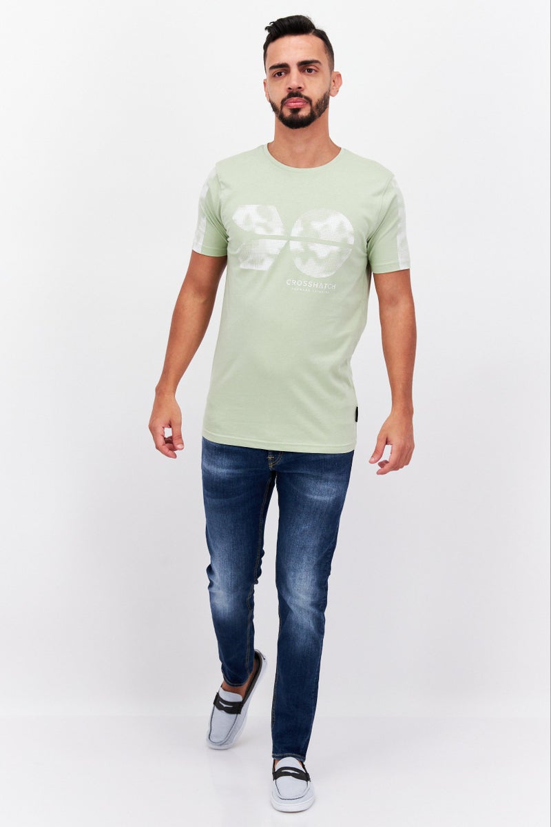CROSSHATCH Men Round Neck Short Sleeve Brand Logo T Shirt, Sage - Image 3