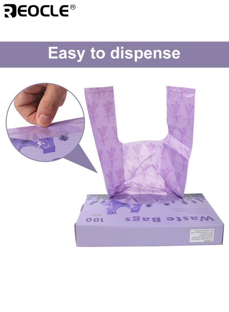 ريوكل 100 قطعة من أكياس حفاضات الأطفال التي تستخدم لمرة واحدة مع علامات ربط سهلة وتصميم برائحة اللافندر وأكياس التخلص من الحفاضات مع خاصية منع التسرب لنفايات الحيوانات الأليفة للأطفال - Image 3