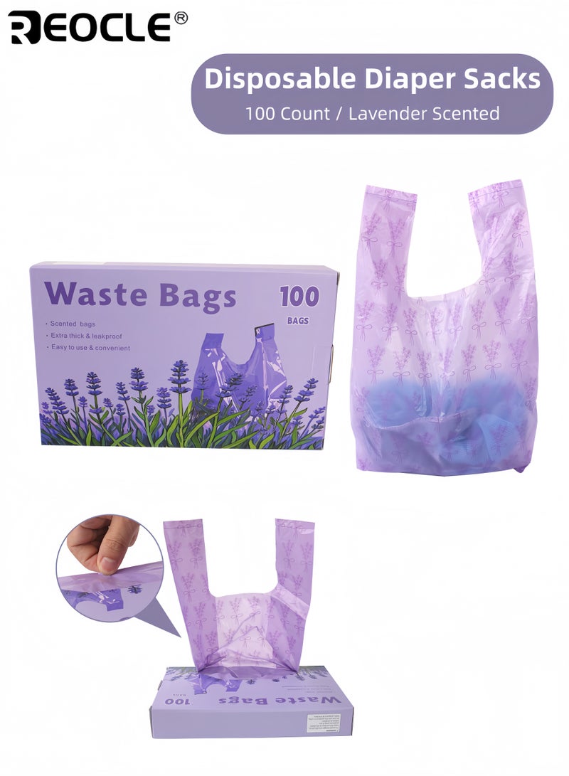 ريوكل 100 قطعة من أكياس حفاضات الأطفال التي تستخدم لمرة واحدة مع علامات ربط سهلة وتصميم برائحة اللافندر وأكياس التخلص من الحفاضات مع خاصية منع التسرب لنفايات الحيوانات الأليفة للأطفال - Image 1