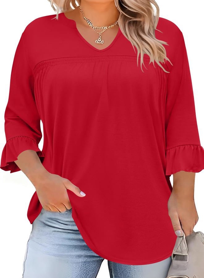 TFSDOD Plus Size Tops for Women V Neck 3/4 Sleeve Pleated Blouses Dressy Casual Fashion Tunic Top (1X-5X), Red, 3XL - Image 1