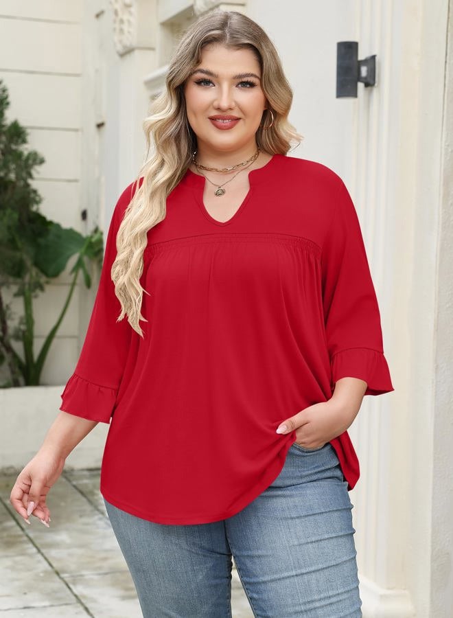 TFSDOD Plus Size Tops for Women V Neck 3/4 Sleeve Pleated Blouses Dressy Casual Fashion Tunic Top (1X-5X), Red, 3XL - Image 2