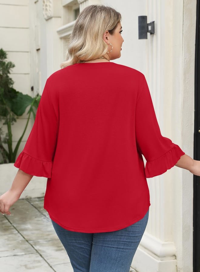 TFSDOD Plus Size Tops for Women V Neck 3/4 Sleeve Pleated Blouses Dressy Casual Fashion Tunic Top (1X-5X), Red, 3XL - Image 3