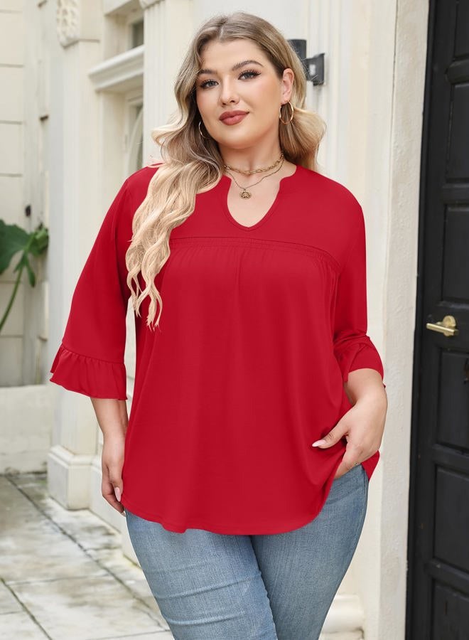 TFSDOD Plus Size Tops for Women V Neck 3/4 Sleeve Pleated Blouses Dressy Casual Fashion Tunic Top (1X-5X), Red, 3XL - Image 4
