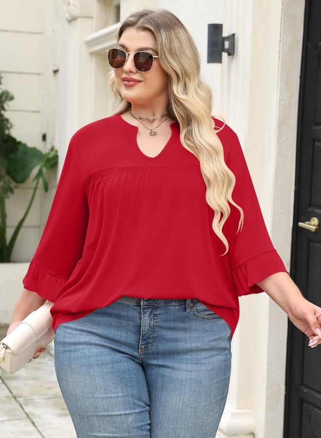 TFSDOD Plus Size Tops for Women V Neck 3/4 Sleeve Pleated Blouses Dressy Casual Fashion Tunic Top (1X-5X), Red, 3XL - Image 5
