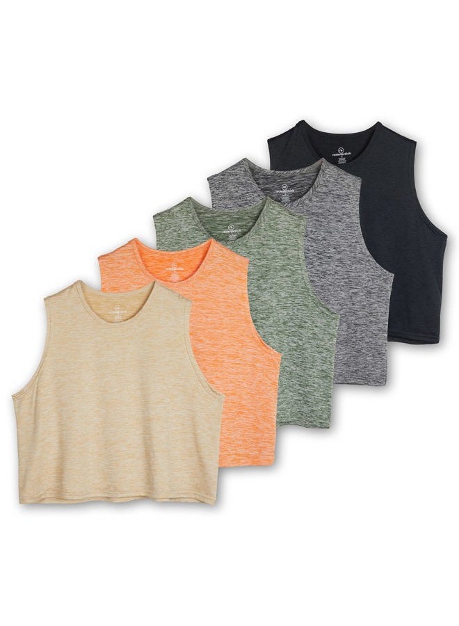 REALESSENTIALS 5 Pack: Womens Summer Cute Crop Tank Top Shirt Trendy Dry Fit Ladies Tops Tees Athletic Yoga Workout Running Gym Active Cropped Exercise Women Loose Fit Sleeveless Fitness Tanks Camisole - Set 4, XL - Image 1