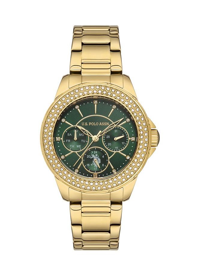 U.S. Polo Assn. U.S. Polo Assn. Crossing 37mm Ladies' Green Dial Chronograph Watch with Gold Stainless Steel Band - USPA2042-06, Glamorous Style for the Fashion-Forward  - Image 1