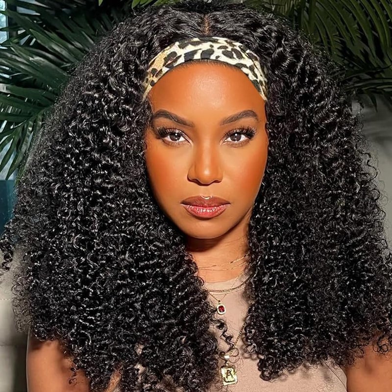 BLY Afro Curly Headband Wig Human Hair with Natural Scalp Top Middle Part Headband Wig for Women 180 Density 10A Grade Mongolian Afro Kinky Curly Hair Glueless Wig 28 Inch
