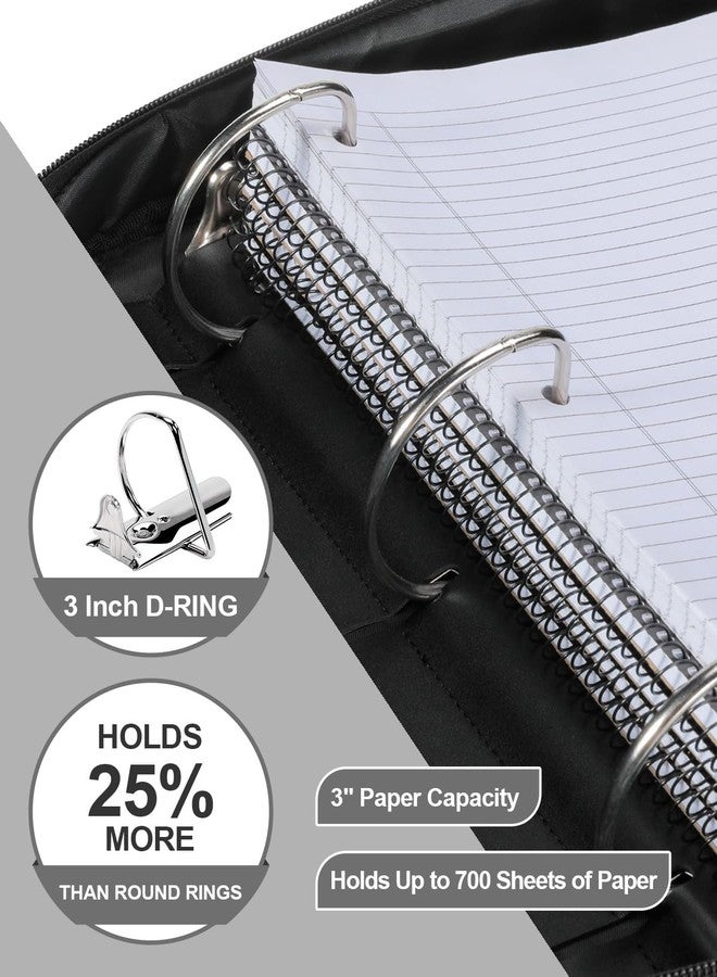HINOOR 3-Inch 3-Ring Zipper Binder with Shoulder Strap, D-Ring Zip Up Binder with 700 Sheets Capacity, Compatible with 13" MacBook, Zippered Binder Bag for Middle School (Black) - Image 2