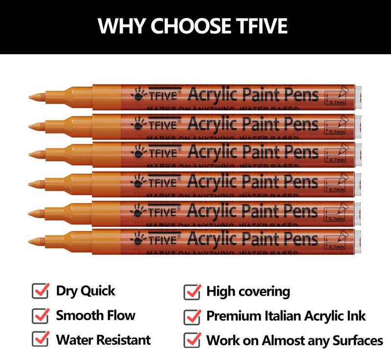 TFIVE Orange Marker Paint Pens - 6 Pack Acrylic Orange Permanent Marker, 0.7mm Extra Fine Tip Paint Pen for Art Projects, Drawing, Rock Painting, Ceramic, Glass, Wood, Plastic, Metal, Canvas DIY Crafts - Image 2