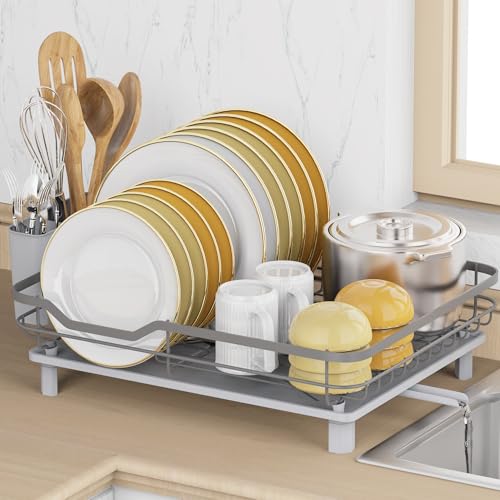 ROTTOGOON Dish Drying Rack Stainless Steel Rustproof Dish Rack for Kitchen Counter Sturdy Dish Drainer with Drainboard Drainage Utensil Holder for Various Kitchenware 162L x 126W Grey