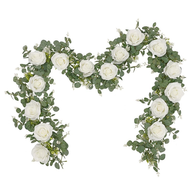 Dolicer 2Pcs 13Ft Artificial Eucalyptus Garlands with Flowers 8 Roses Faux Floral Greenery Garlands Fake Flowers Vines for Wedding Table Centerpieces Arch Party Ceremony Backdrop Decor White