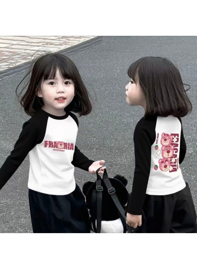 Girls Spring And Autum Pure Cotton Long-sleeved T-shirt New Medium And Large Children's Round Neck Color Matching Sweet And Cute Bottoming Shirt - Image 1