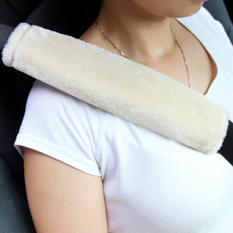Amooca Soft Faux Fur Universal Fit Seatbelt Cover Car Truck SUV Airplane Seat Belt Shoulder Pad for Carmera Backpack Straps Neck Cushion Protector 2 Pack 105in Beige