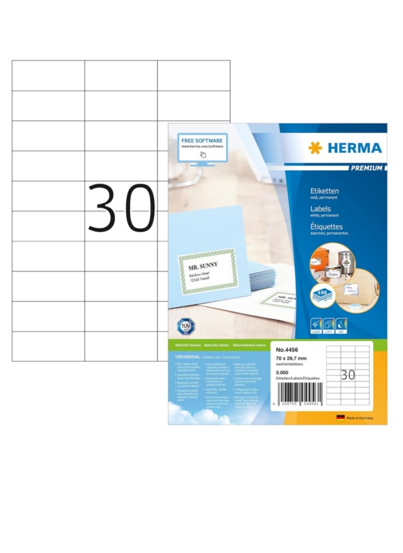 Herma Herma Multipurpose Self-Adhesive Labels, 30 Labels Per Sheet A4, 3000 Labels for Laser and Inkjet Printers, Small Size, 70 x 29.7mm  - Image 1