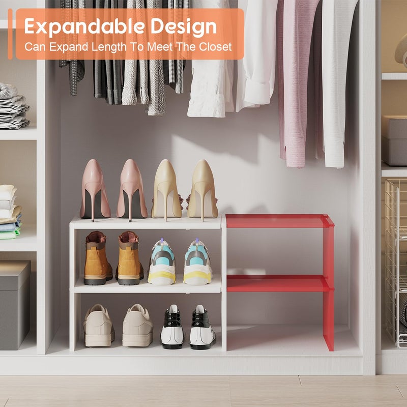 Hencawima 2 Pack Expandable White Shoe Rack Organizer for Closet, 2-Tier Stackable Shoe Storage Shelf, Small Iron Wood Combination Shoe Shelves for Closets,Entryway,Front Door, Narrow Space,Hallway,15-24 Pairs - Image 2