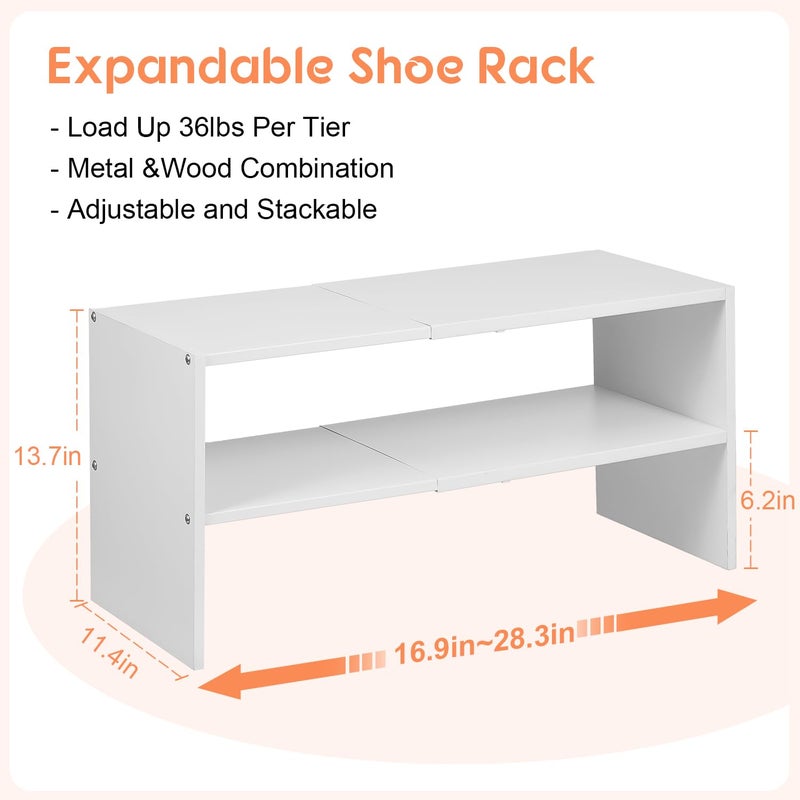 Hencawima 2 Pack Expandable White Shoe Rack Organizer for Closet, 2-Tier Stackable Shoe Storage Shelf, Small Iron Wood Combination Shoe Shelves for Closets,Entryway,Front Door, Narrow Space,Hallway,15-24 Pairs - Image 3