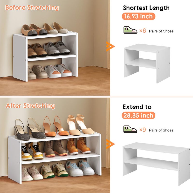 Hencawima 2 Pack Expandable White Shoe Rack Organizer for Closet, 2-Tier Stackable Shoe Storage Shelf, Small Iron Wood Combination Shoe Shelves for Closets,Entryway,Front Door, Narrow Space,Hallway,15-24 Pairs - Image 4
