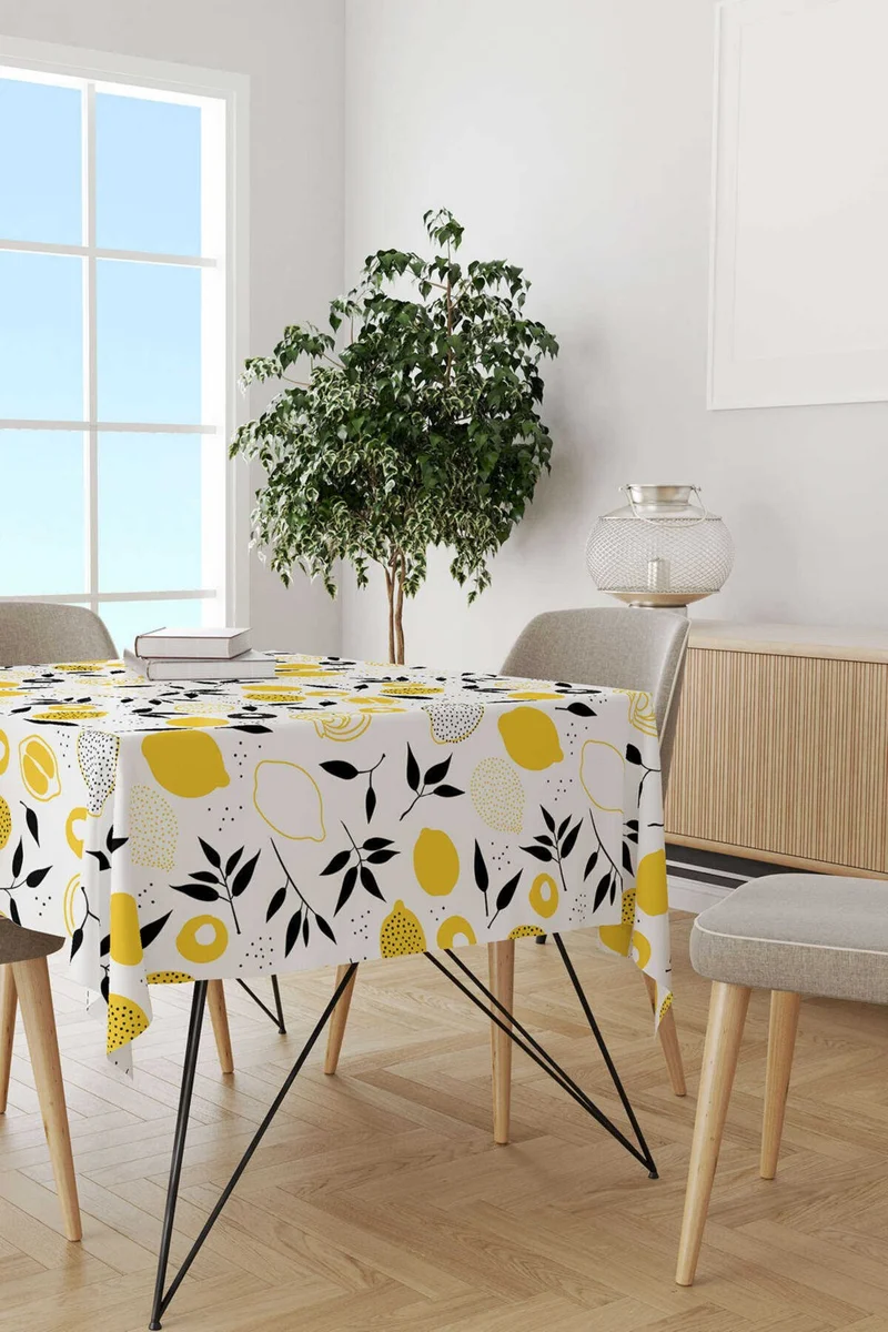 كانغو هوم White Yellow Lemon Patterned Digital Printed Tablecloth OYTYK925-MS