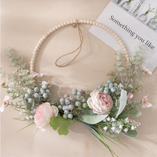 KHOYIME Artificial Flower Wreath for Front Door Floral Hoop Wreath Decor with Wood Beads Pink Flowers Green Berries Leaves Spring Summer Home Decor Wall Window Wedding Party Hanging Decorations - Image 1