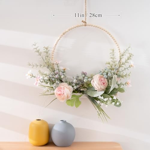 KHOYIME Artificial Flower Wreath for Front Door Floral Hoop Wreath Decor with Wood Beads Pink Flowers Green Berries Leaves Spring Summer Home Decor Wall Window Wedding Party Hanging Decorations - Image 2