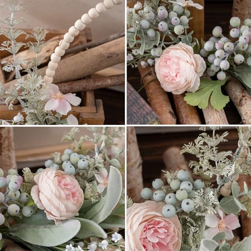 KHOYIME Artificial Flower Wreath for Front Door Floral Hoop Wreath Decor with Wood Beads Pink Flowers Green Berries Leaves Spring Summer Home Decor Wall Window Wedding Party Hanging Decorations - Image 4