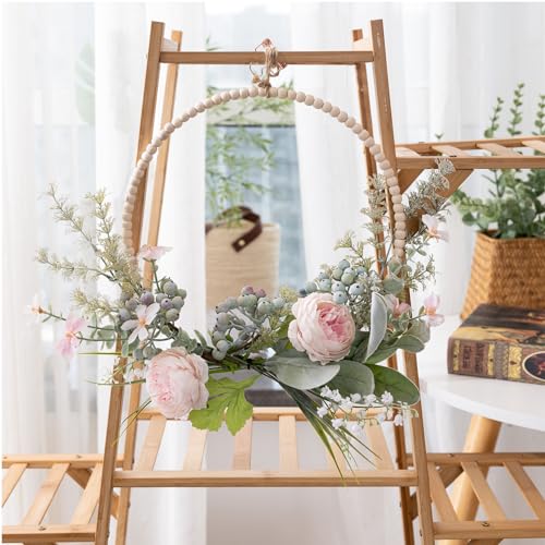 KHOYIME Artificial Flower Wreath for Front Door Floral Hoop Wreath Decor with Wood Beads Pink Flowers Green Berries Leaves Spring Summer Home Decor Wall Window Wedding Party Hanging Decorations - Image 3