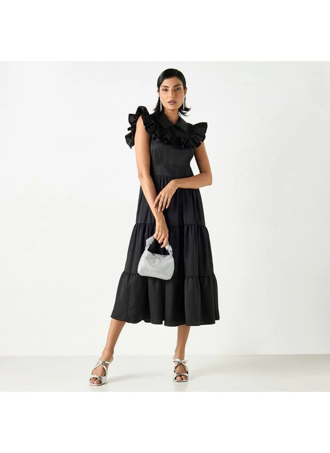 2Xtremz 2Xtremz Solid Tiered Midi A-line Sleeveless Dress with Collar and Ruffle Detail