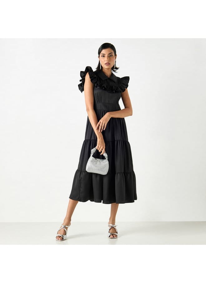 2Xtremz - 2Xtremz Solid Tiered Midi A-line Sleeveless Dress with Collar and Ruffle Detail - Image 1