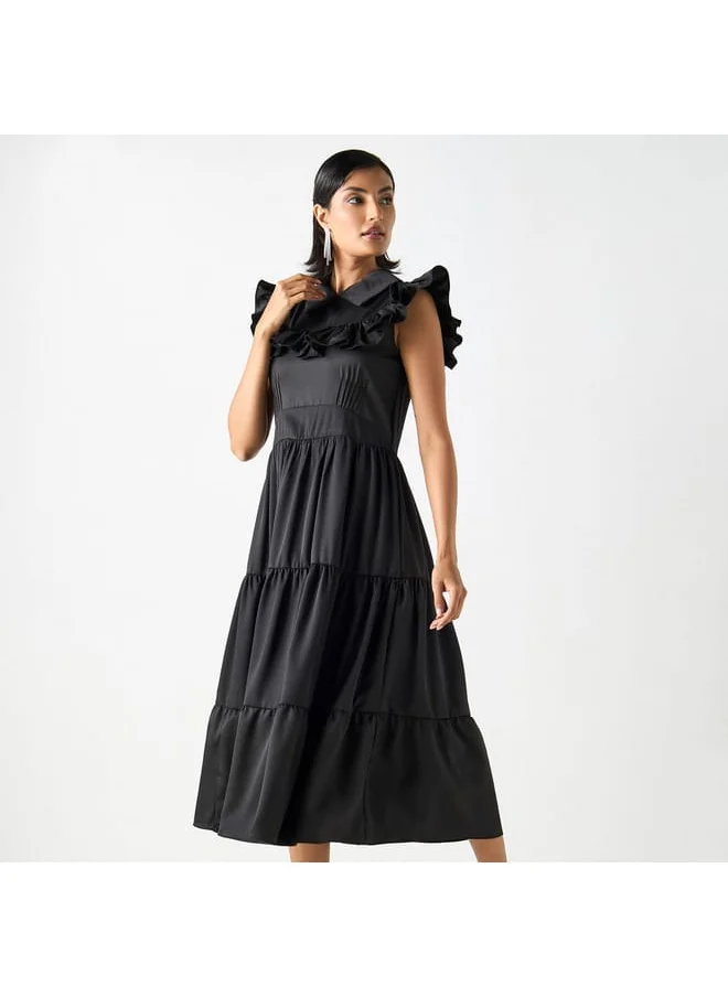 2Xtremz 2Xtremz Solid Tiered Midi A-line Sleeveless Dress with Collar and Ruffle Detail