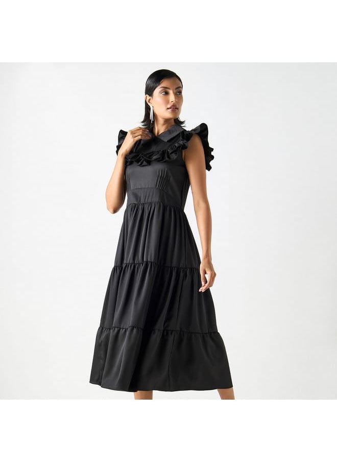 2Xtremz - 2Xtremz Solid Tiered Midi A-line Sleeveless Dress with Collar and Ruffle Detail - Image 1