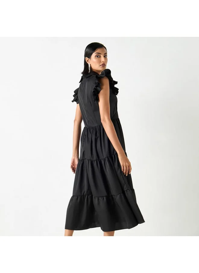 2Xtremz 2Xtremz Solid Tiered Midi A-line Sleeveless Dress with Collar and Ruffle Detail