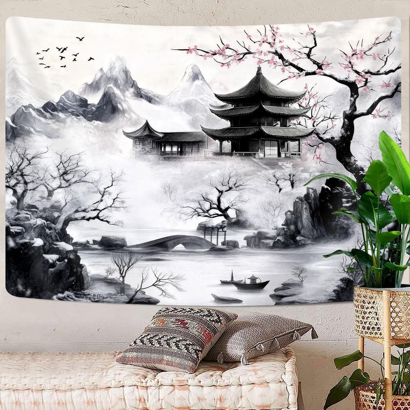 GOAOK Japanese Tapastry, Black and White Cherry Blossom Anime Wall Tapestry for Men, Asia Nature Landscape Abstract Ink Painting Tapestries for Bedroom Living Room Home Decor 40" x 30" - Image 3