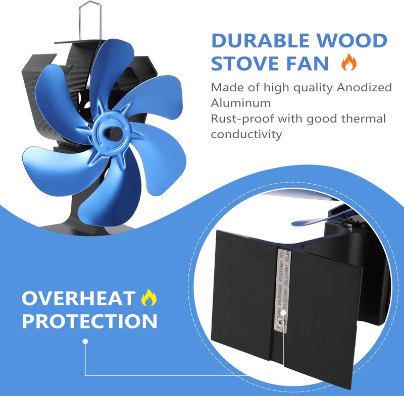 XTIMES Wood Stove Fan Heat Powered Fireplace Fan with Magnetic Thermometer Thermoelectric Fan for Wood Burning Stove/Pellet/Log Burner (Blue) - Image 5