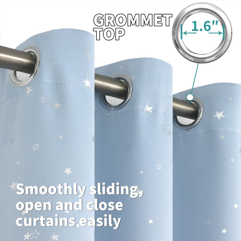 BGment Star Room Darkening Curtains for Kids Bedroom - Grommet Thermal Insulated Silver Star Print Kids Curtains for Living Room  Set of 2 Panels  Baby Blue  52 x 72 Inch - Image 4