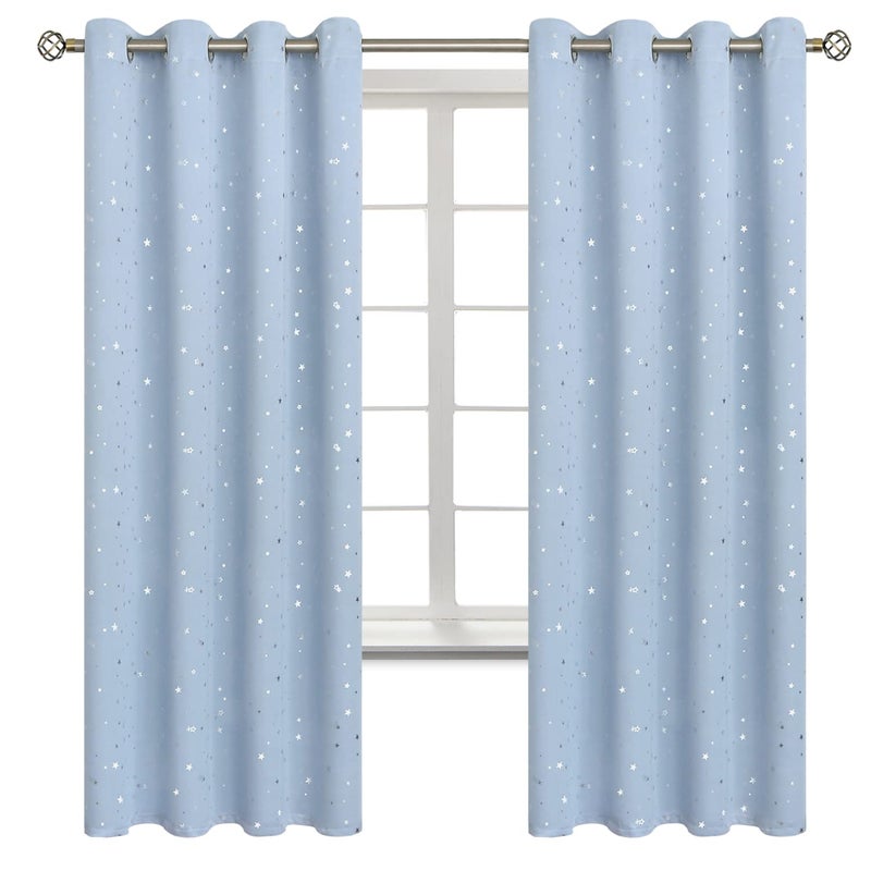 BGment Star Room Darkening Curtains for Kids Bedroom - Grommet Thermal Insulated Silver Star Print Kids Curtains for Living Room  Set of 2 Panels  Baby Blue  52 x 72 Inch - Image 1