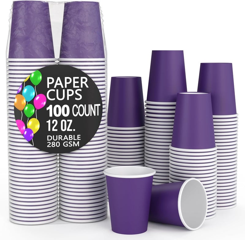 Party Solids Purple Paper Cups 12 oz Durable Disposable Cups 100 Paper Tumblers for Hot Drinks and Cold Drinks Thick 280 GSM Hot Cup for Tea & Coffee Cup To Go Fun Colors for Parties & Events - Image 1