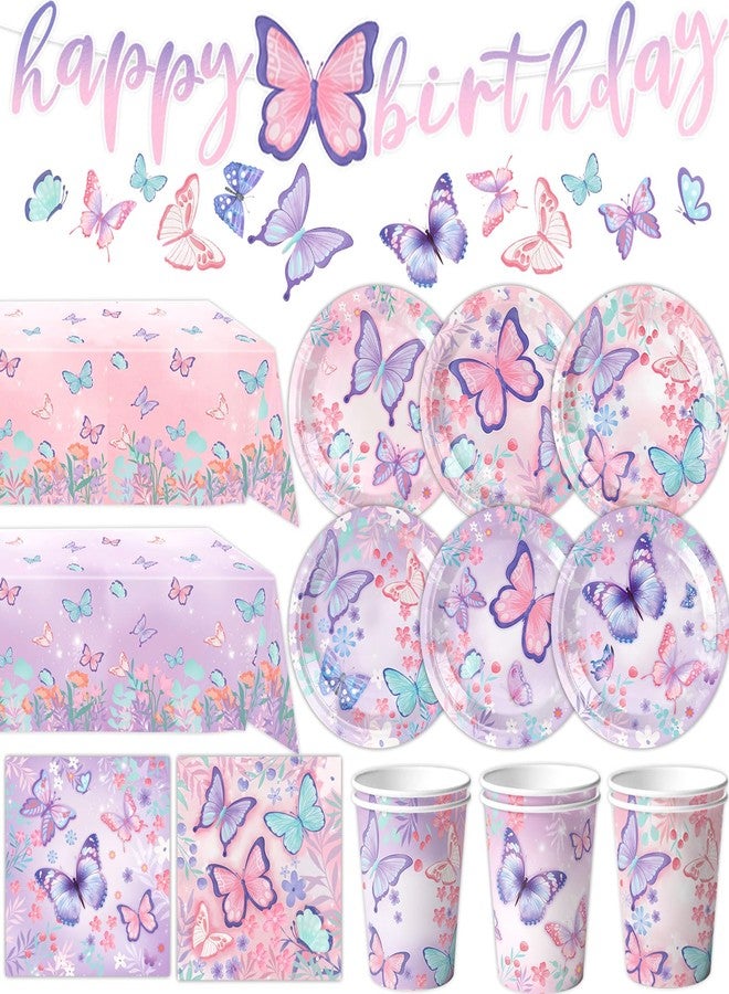 DMIGHT Butterfly Birthday Party Supplies Disposable Paper Plates Napkins Cups Tablecloth and Banner for Butterfly Girl Party Birthday Decorations, Serve 30 - Image 1