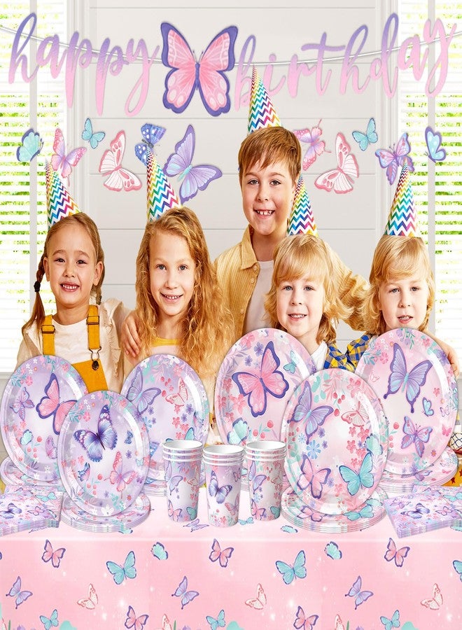 DMIGHT Butterfly Birthday Party Supplies Disposable Paper Plates Napkins Cups Tablecloth and Banner for Butterfly Girl Party Birthday Decorations, Serve 30 - Image 5