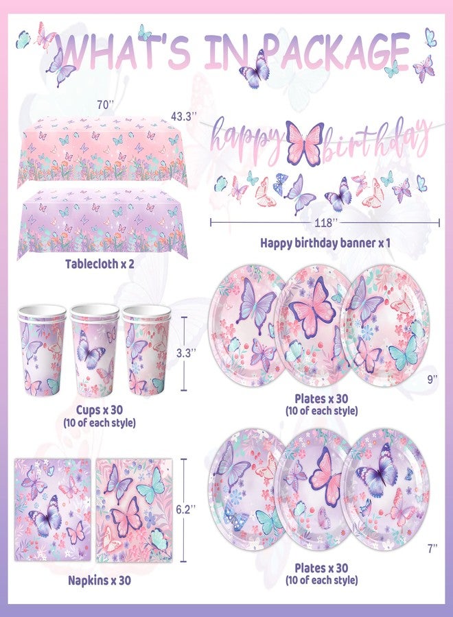 DMIGHT Butterfly Birthday Party Supplies Disposable Paper Plates Napkins Cups Tablecloth and Banner for Butterfly Girl Party Birthday Decorations, Serve 30 - Image 2