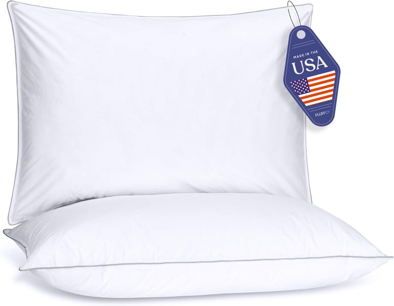 FluffCo Down Alternative Pillows StandardQueen Size Set of 2  Queen Bed Pillows for Sleeping  Made in USA  Cooling Surface and Machine Washable for Side Back and Stomach Sleepers
