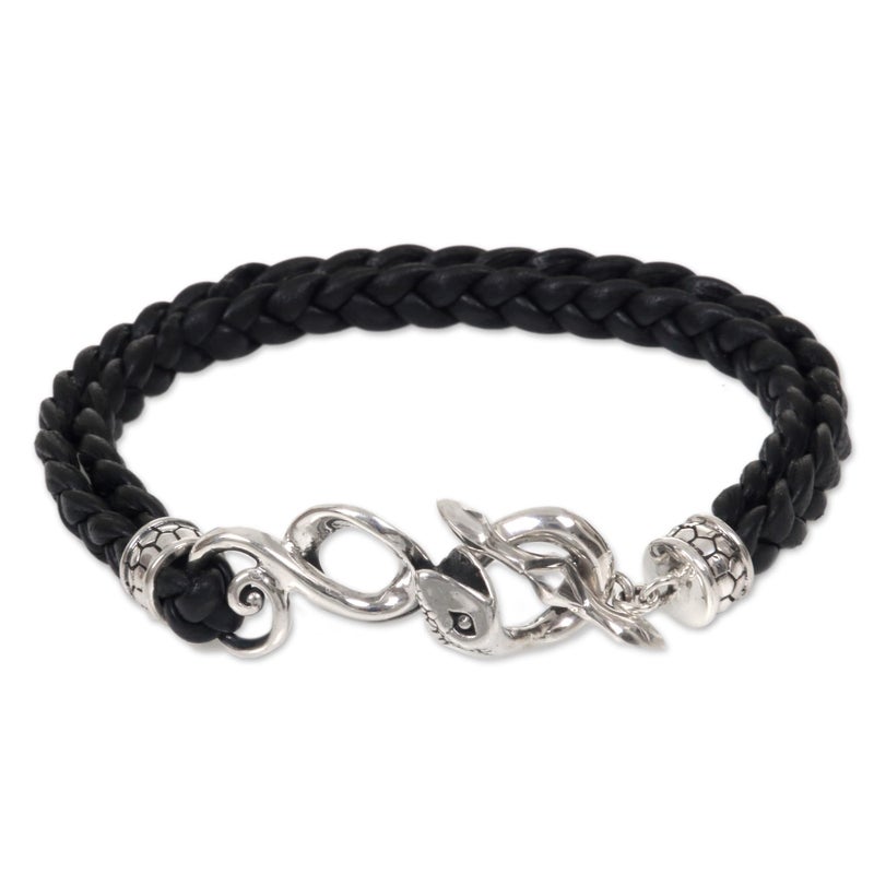 NOVICA Artisan Handmade Men's .925 Sterling Silver Leather Braided Bracelet Snake Black Indonesia Animal Themed Halloween 'Cobra' - Image 3