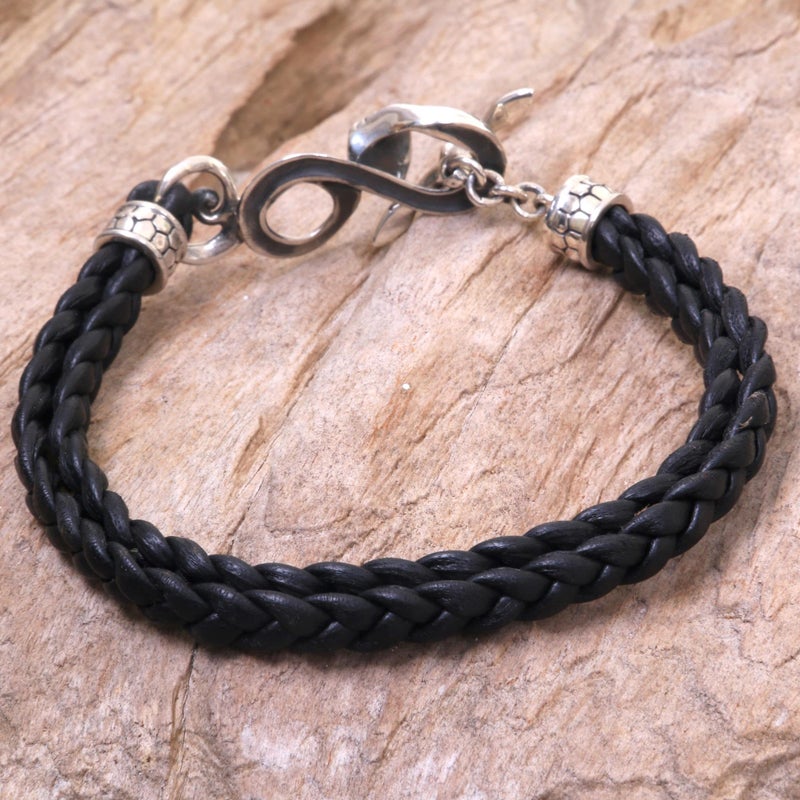 NOVICA Artisan Handmade Men's .925 Sterling Silver Leather Braided Bracelet Snake Black Indonesia Animal Themed Halloween 'Cobra' - Image 2