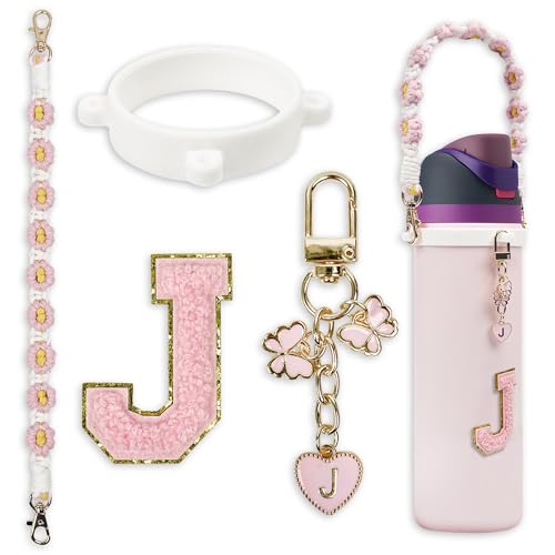 SITKOL Cute Letter Charm Set Compatible with Owala Water Bottle 24 oz, 32 oz, 40 oz, Owala Kids, Owala Coffee Tumbler, Owala FreeSip – Includes Handle Strap, for Owala & Stanley Cup Accessories (Pink, J) - Image 1