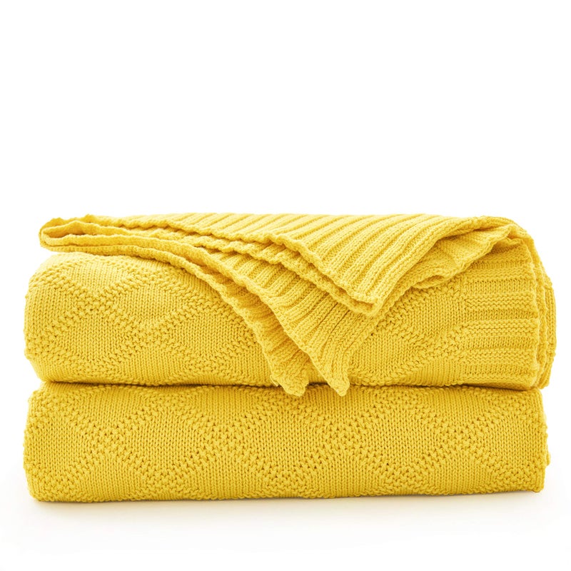 Longhui bedding Large Yellow Cotton Knit Throw Blanket for Couch Sofa Bed  Home Decorative Soft Cozy Sweater Woven Fall Cable Oversize Knitted Blankets  34 pounds 60 x 80 Inch
